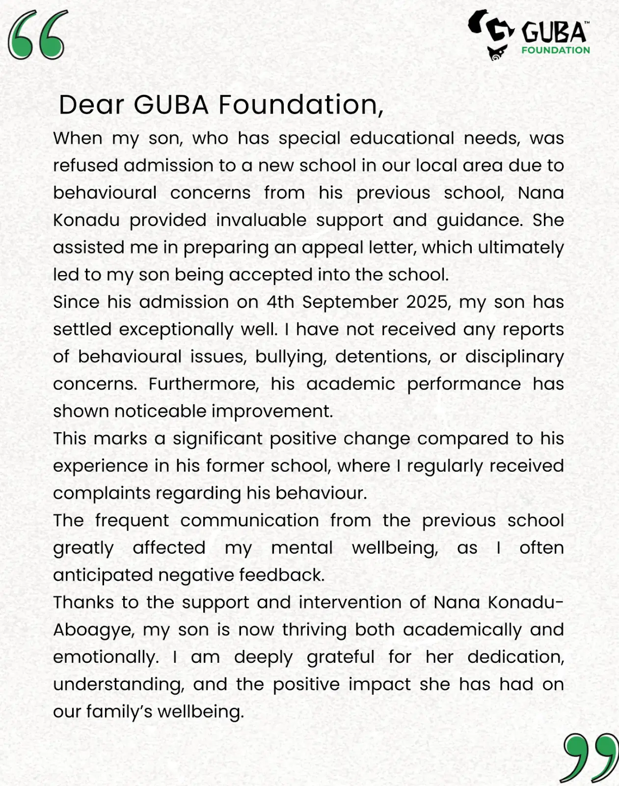 Testimonial from a parent